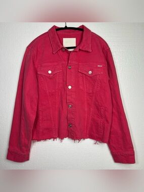 MOTHER The Cut Drifter Denim Jacket Size L Azalea Pink Raw Hem Cropped Trucke
